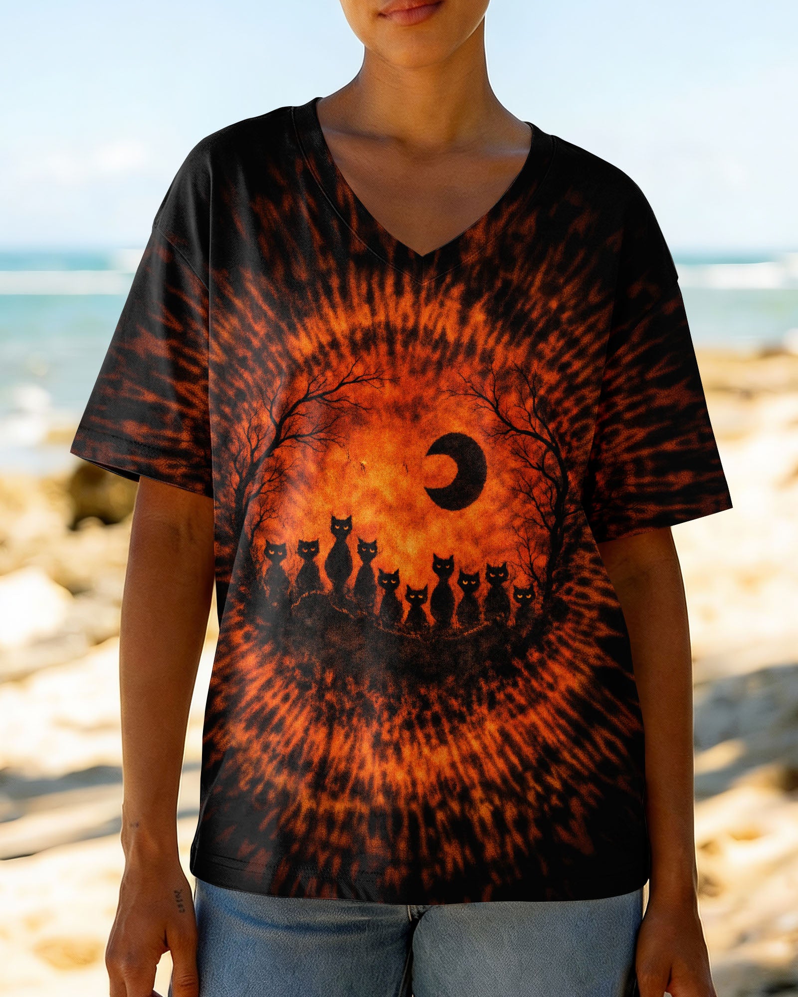 BLACK CAT ORANGE &  BLACK SWIRL ALL OVER PRINT  - TLTW0502262