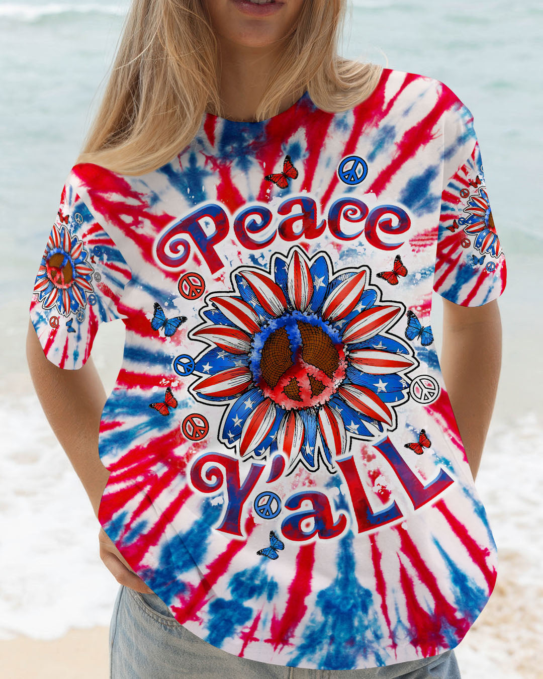 PEACE Y'ALL SUNFLOWER AMERICA TIE DYE ALL OVER PRINT - TLTW1104253