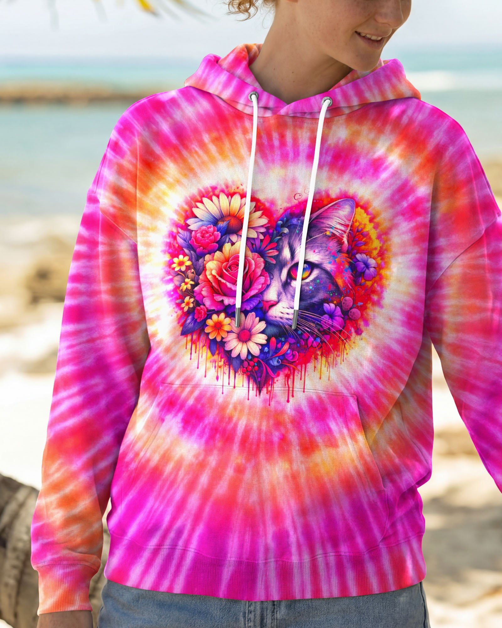 CAT AND FLOWERS HEART SWIRL ALL OVER PRINT   - TLTW1203262