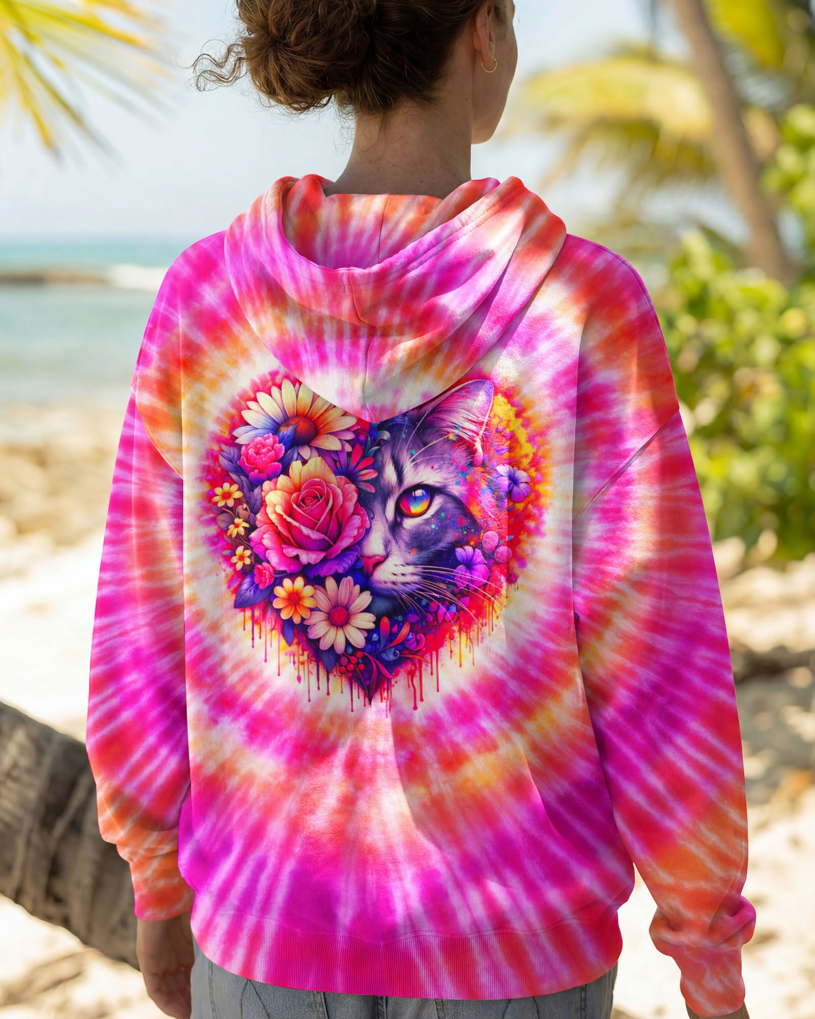 CAT AND FLOWERS HEART SWIRL ALL OVER PRINT   - TLTW1203262