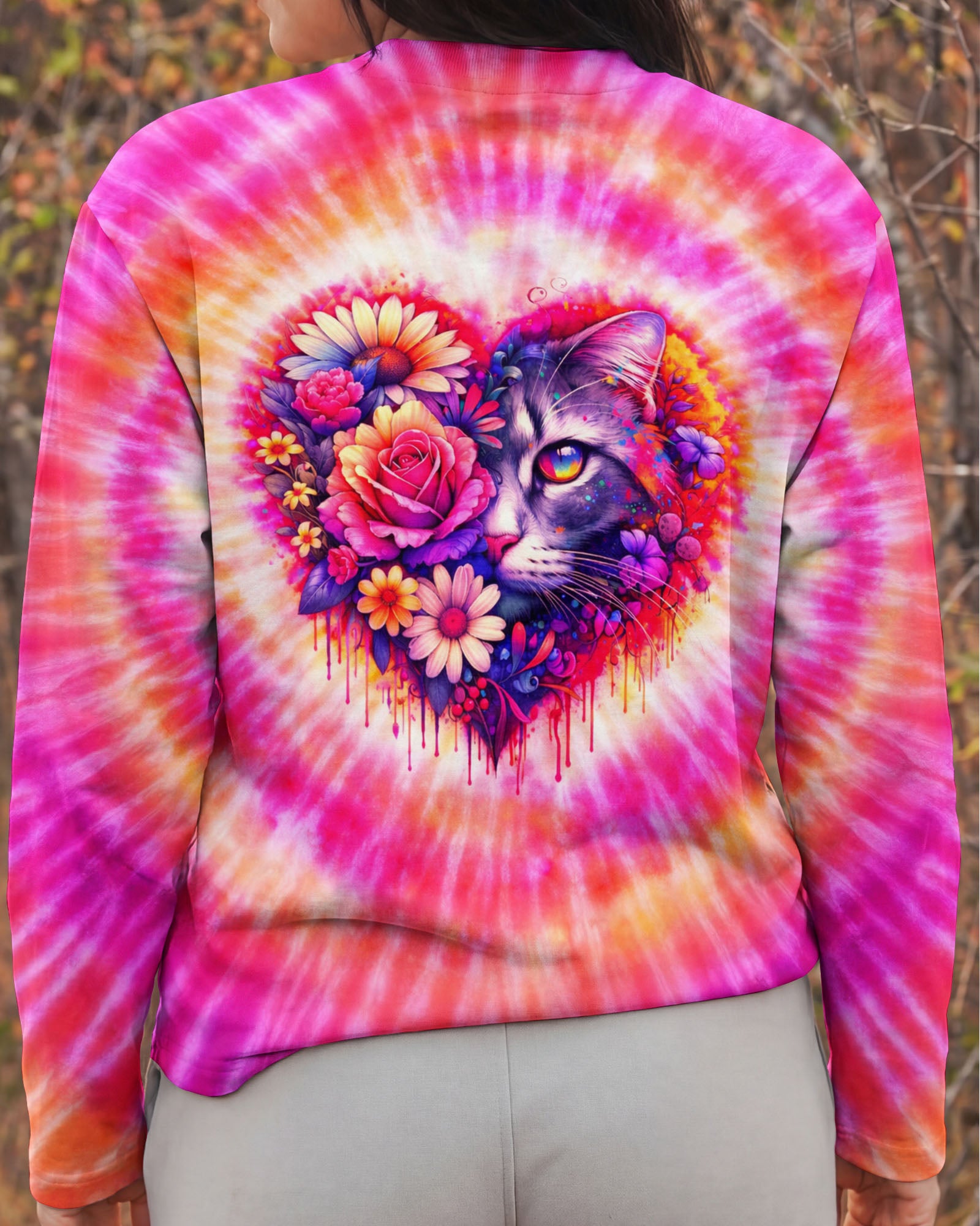 CAT AND FLOWERS HEART SWIRL ALL OVER PRINT   - TLTW1203262