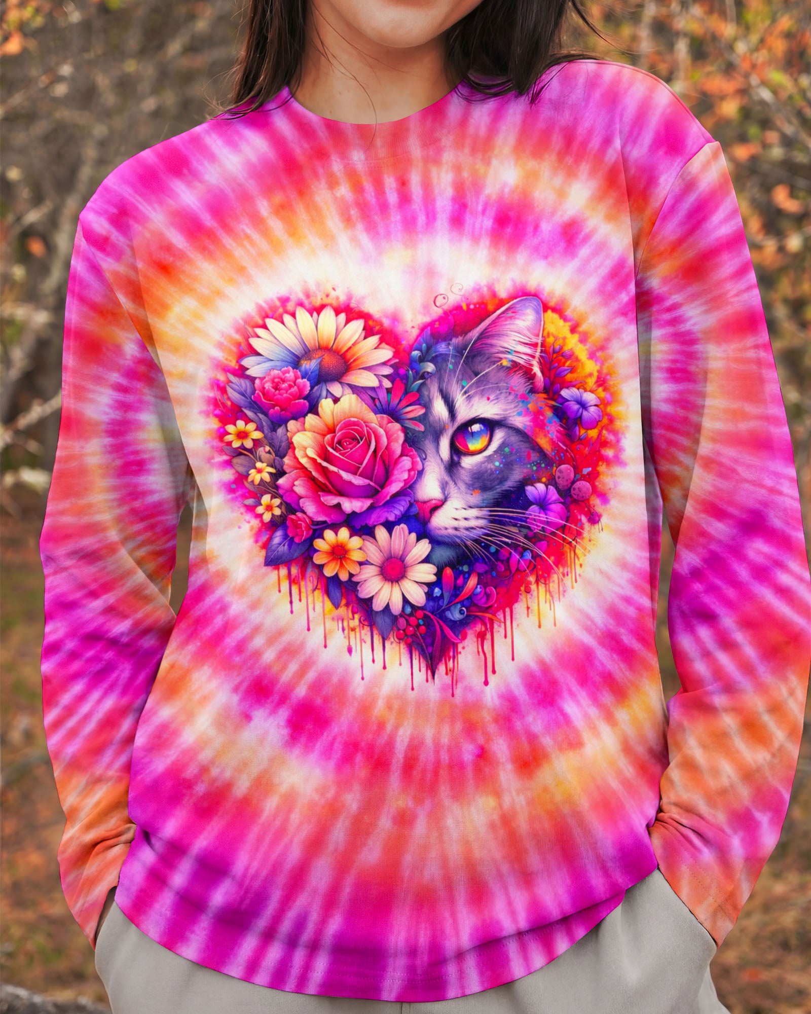CAT AND FLOWERS HEART SWIRL ALL OVER PRINT   - TLTW1203262