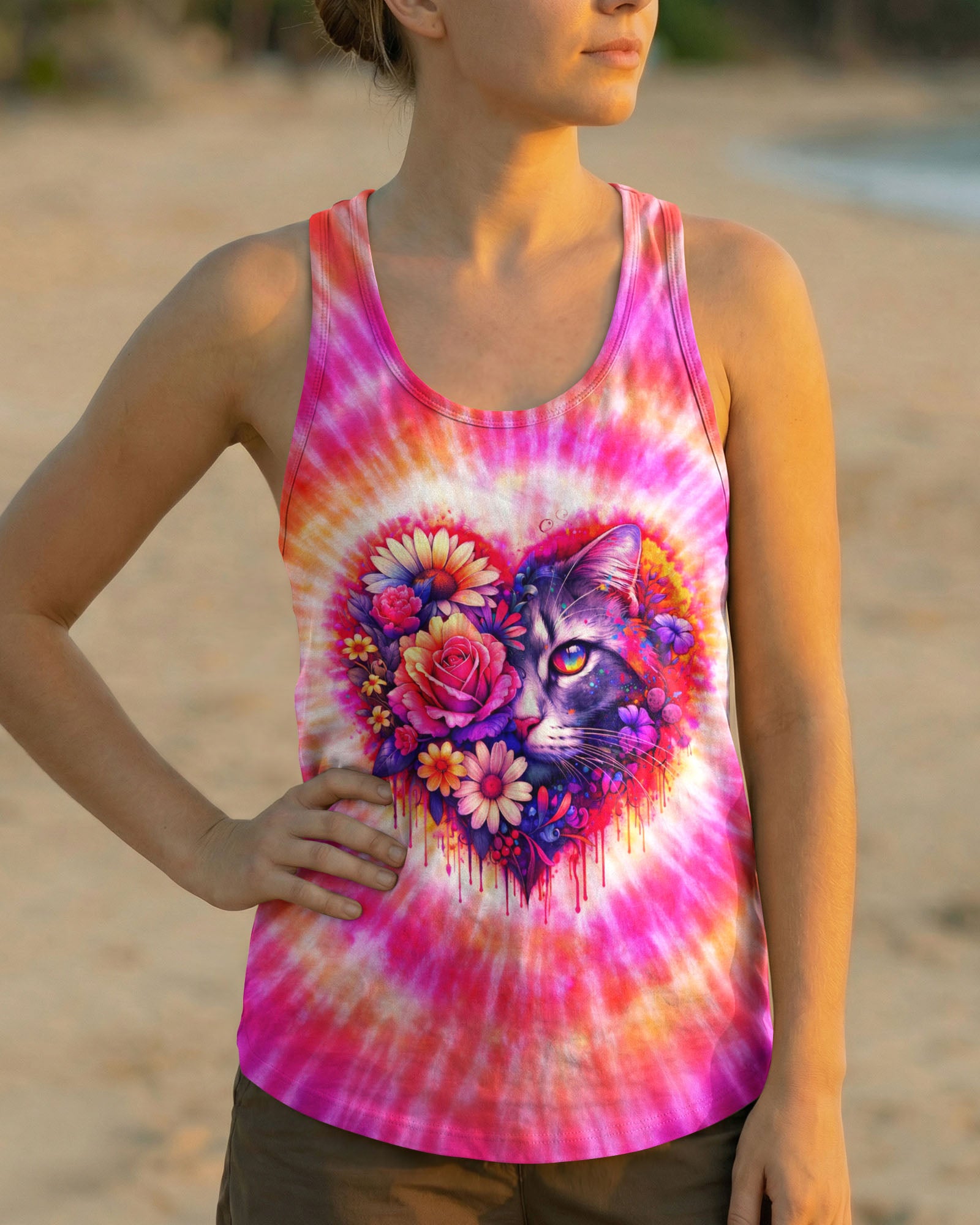 CAT AND FLOWERS HEART SWIRL ALL OVER PRINT   - TLTW1203262