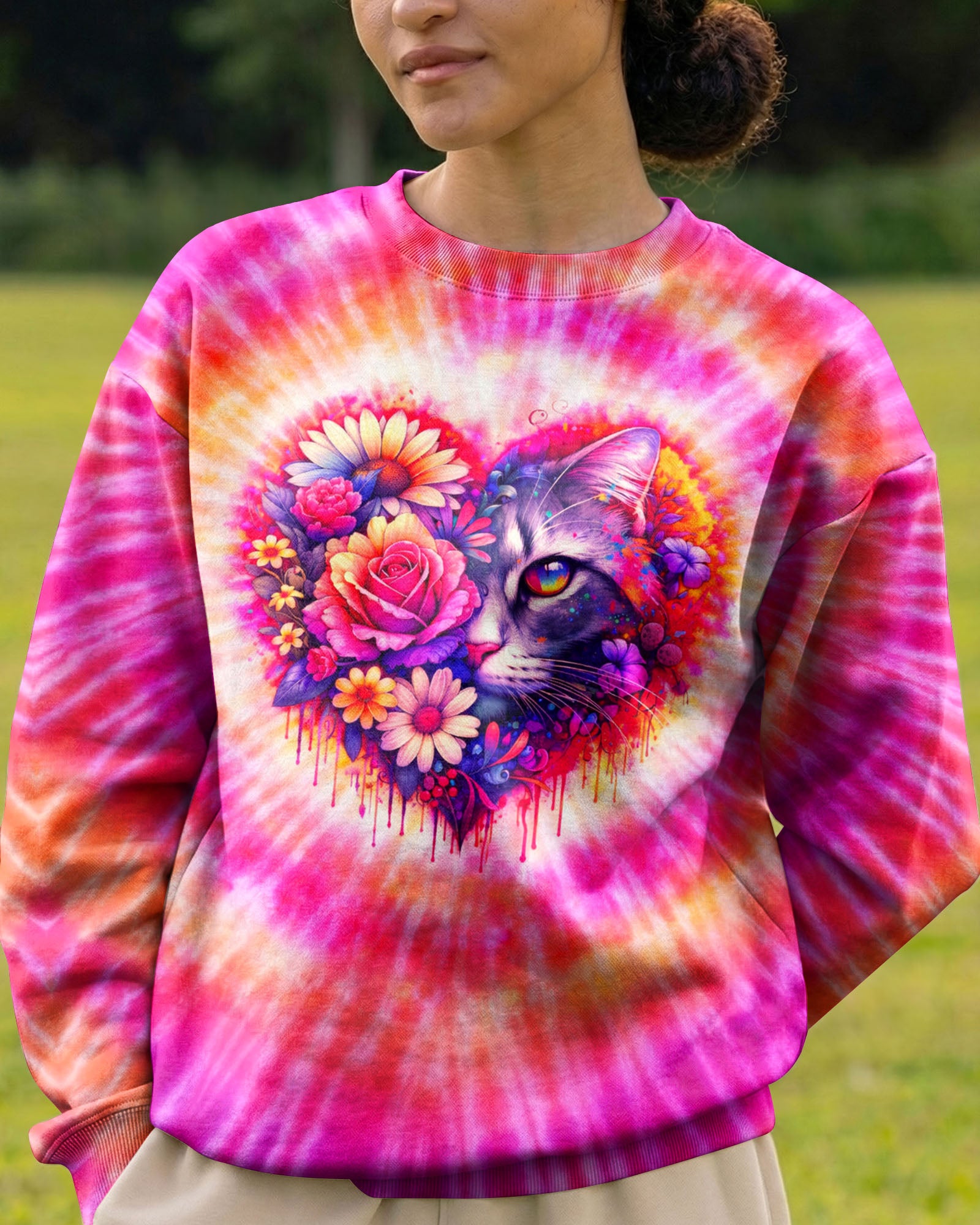 CAT AND FLOWERS HEART SWIRL ALL OVER PRINT   - TLTW1203262