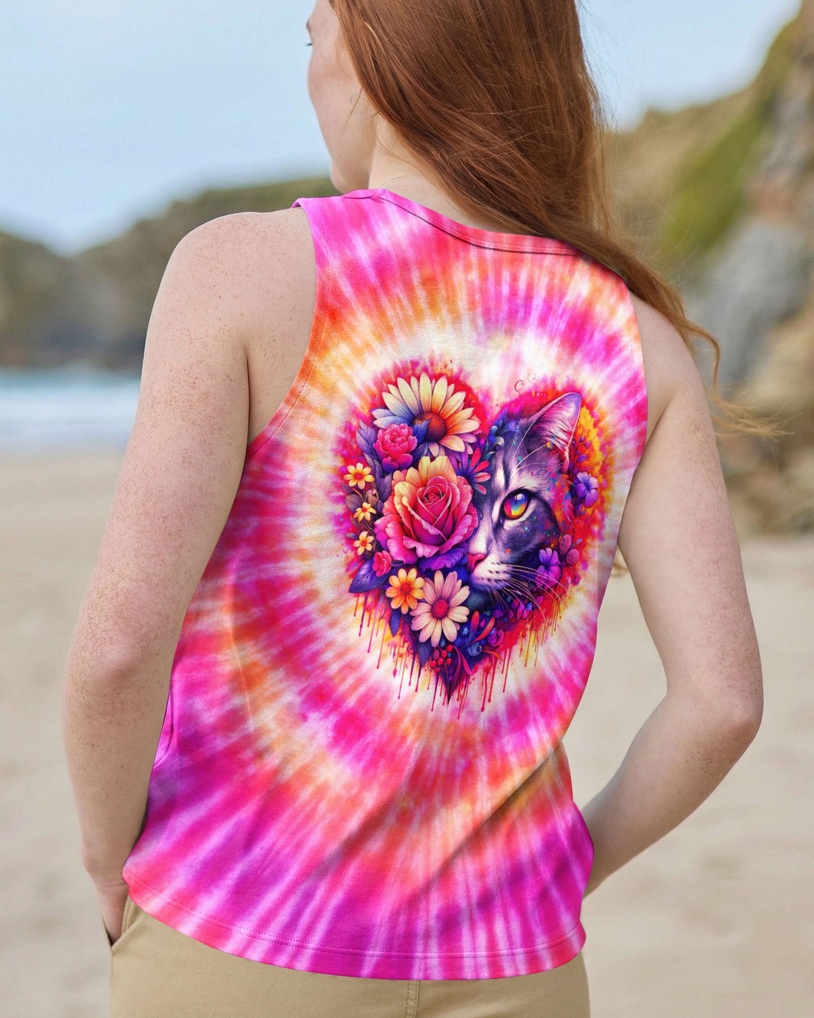CAT AND FLOWERS HEART SWIRL ALL OVER PRINT   - TLTW1203262