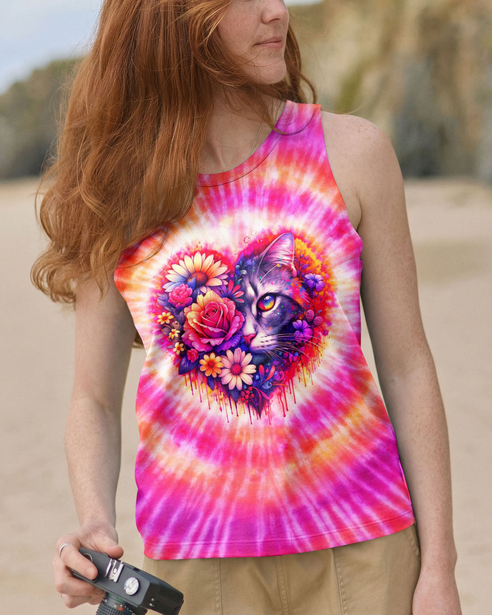 CAT AND FLOWERS HEART SWIRL ALL OVER PRINT   - TLTW1203262