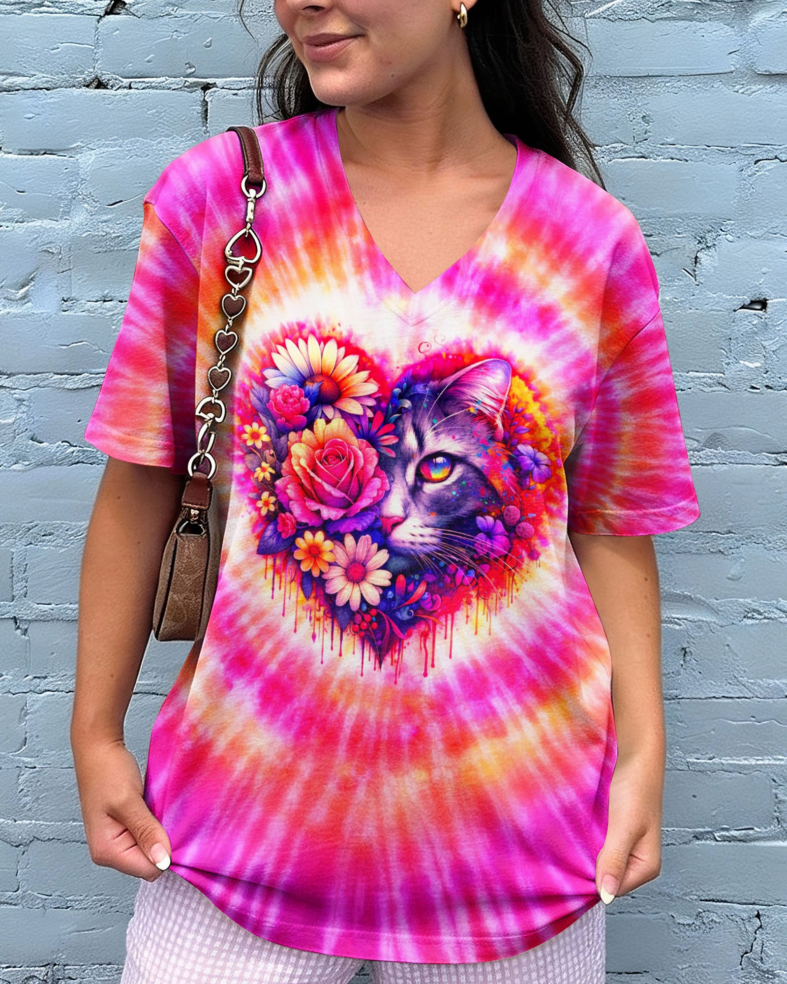 CAT AND FLOWERS HEART SWIRL ALL OVER PRINT   - TLTW1203262