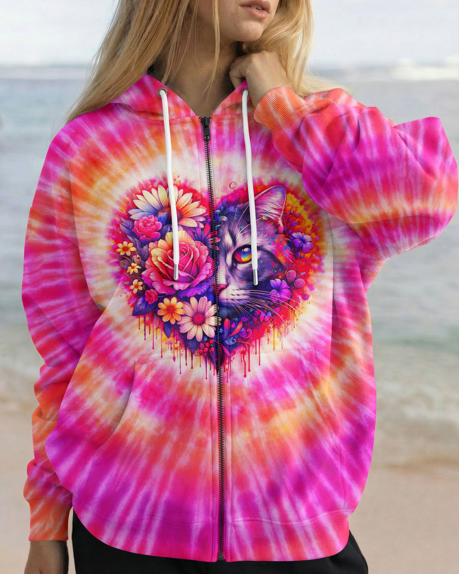 CAT AND FLOWERS HEART SWIRL ALL OVER PRINT   - TLTW1203262