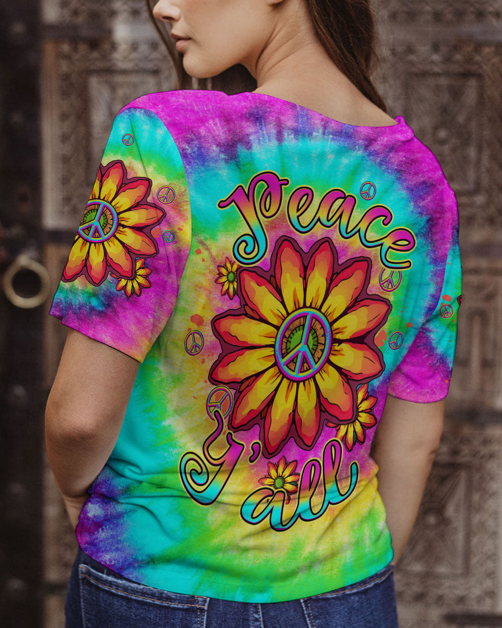 PEACE Y'ALL TIE DYE SUNFLOWER ALL OVER PRINT - TLTW1306231