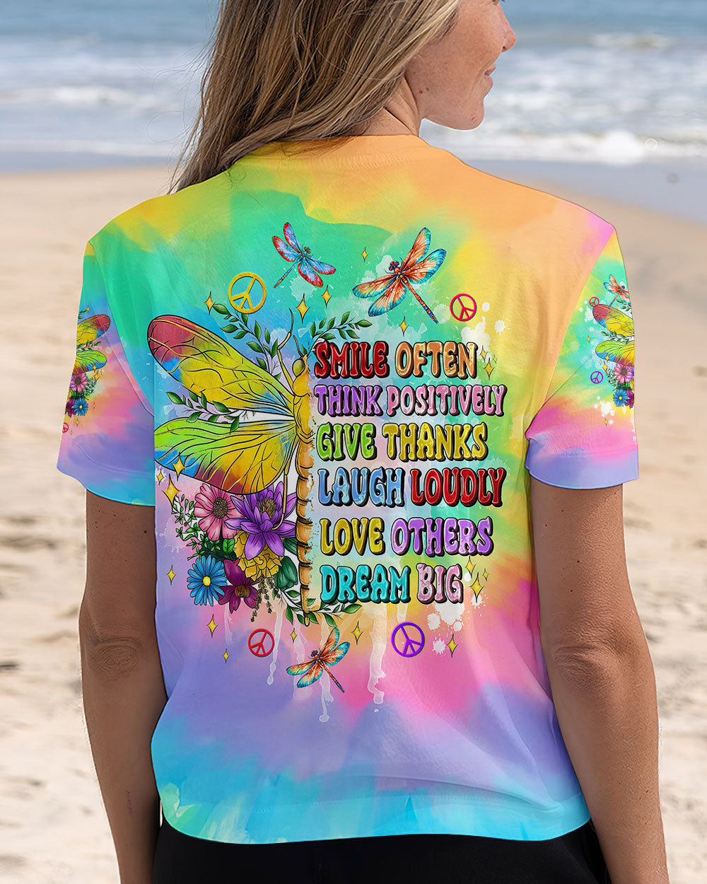 SMILE OFTEN THINK POSITIVELY DRAGONFLY TIE DYE ALL OVER PRINT - TLTW2012244