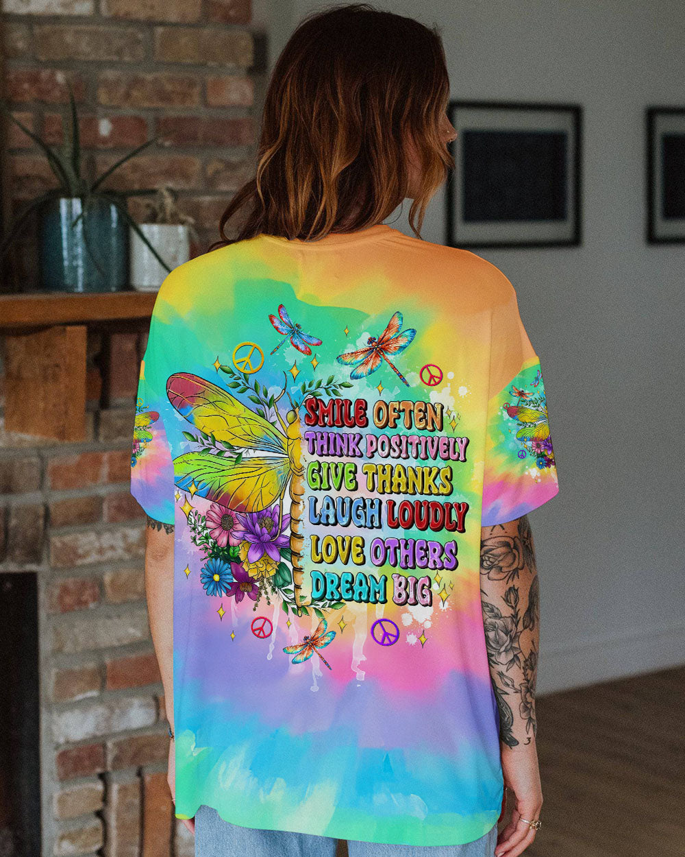 SMILE OFTEN THINK POSITIVELY DRAGONFLY TIE DYE ALL OVER PRINT - TLTW2012244