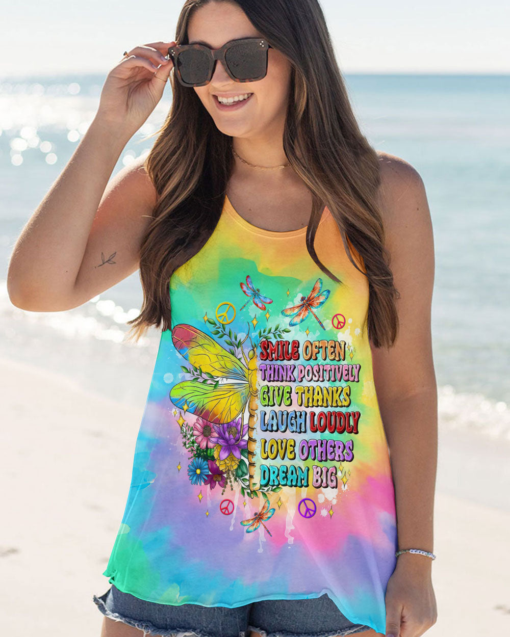SMILE OFTEN THINK POSITIVELY DRAGONFLY TIE DYE ALL OVER PRINT - TLTW2012244