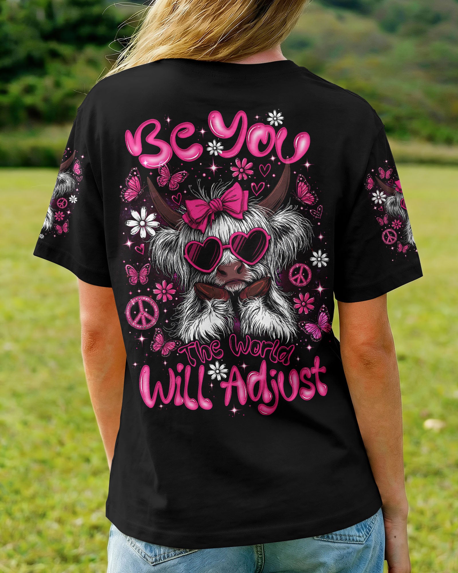 BE YOU THE WORLD WILL ADJUST HIGHLAND COW ALL OVER PRINT  - TLTW2207261