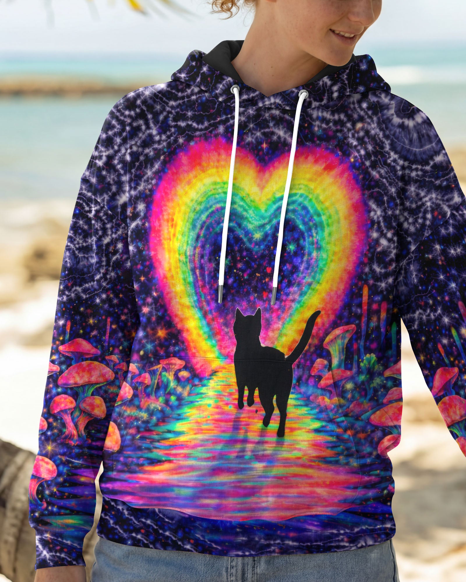 RAINBOW HEART BLACK CAT SWIRL ALL OVER PRINT - TLTW2801261