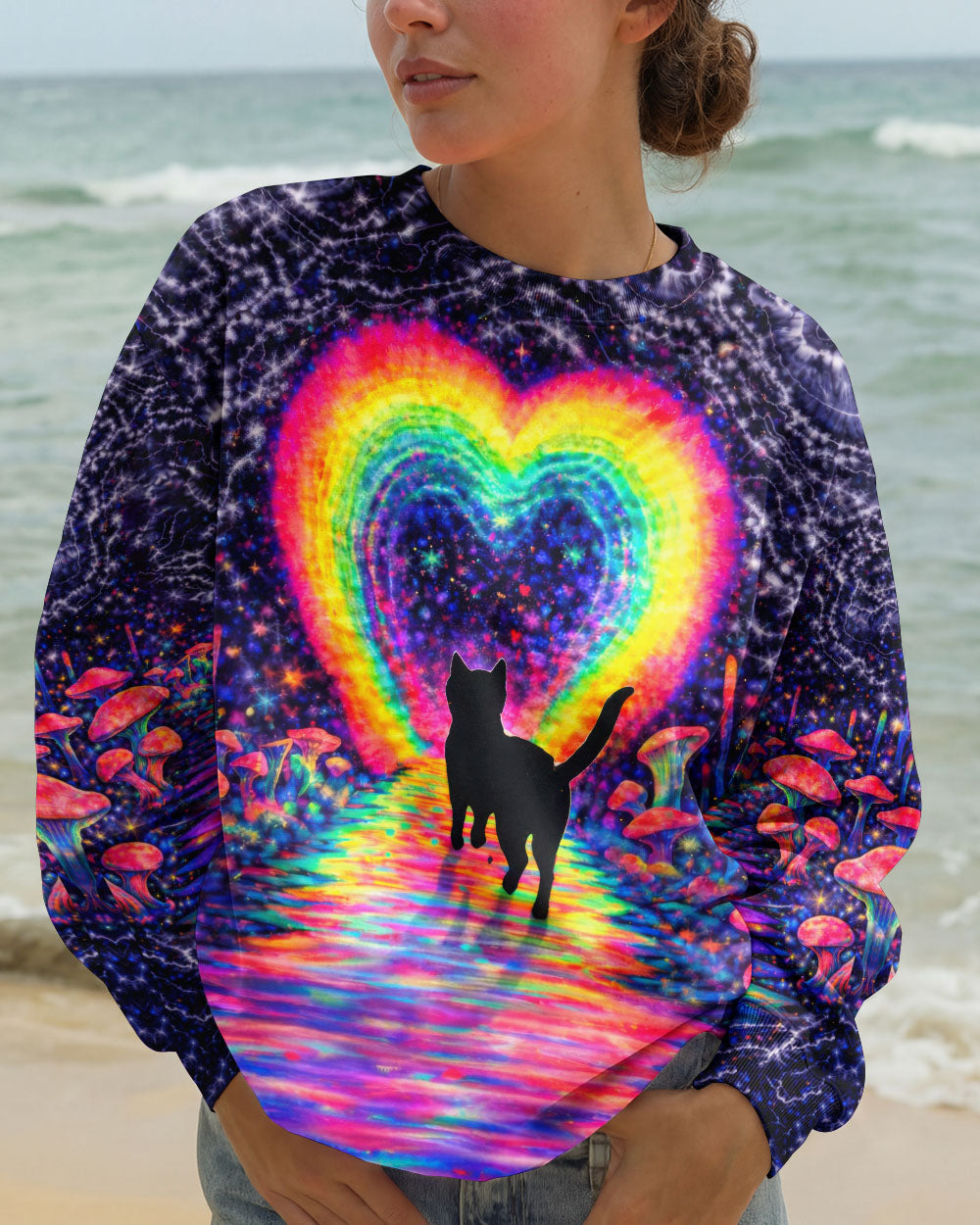 RAINBOW HEART BLACK CAT SWIRL ALL OVER PRINT - TLTW2801261