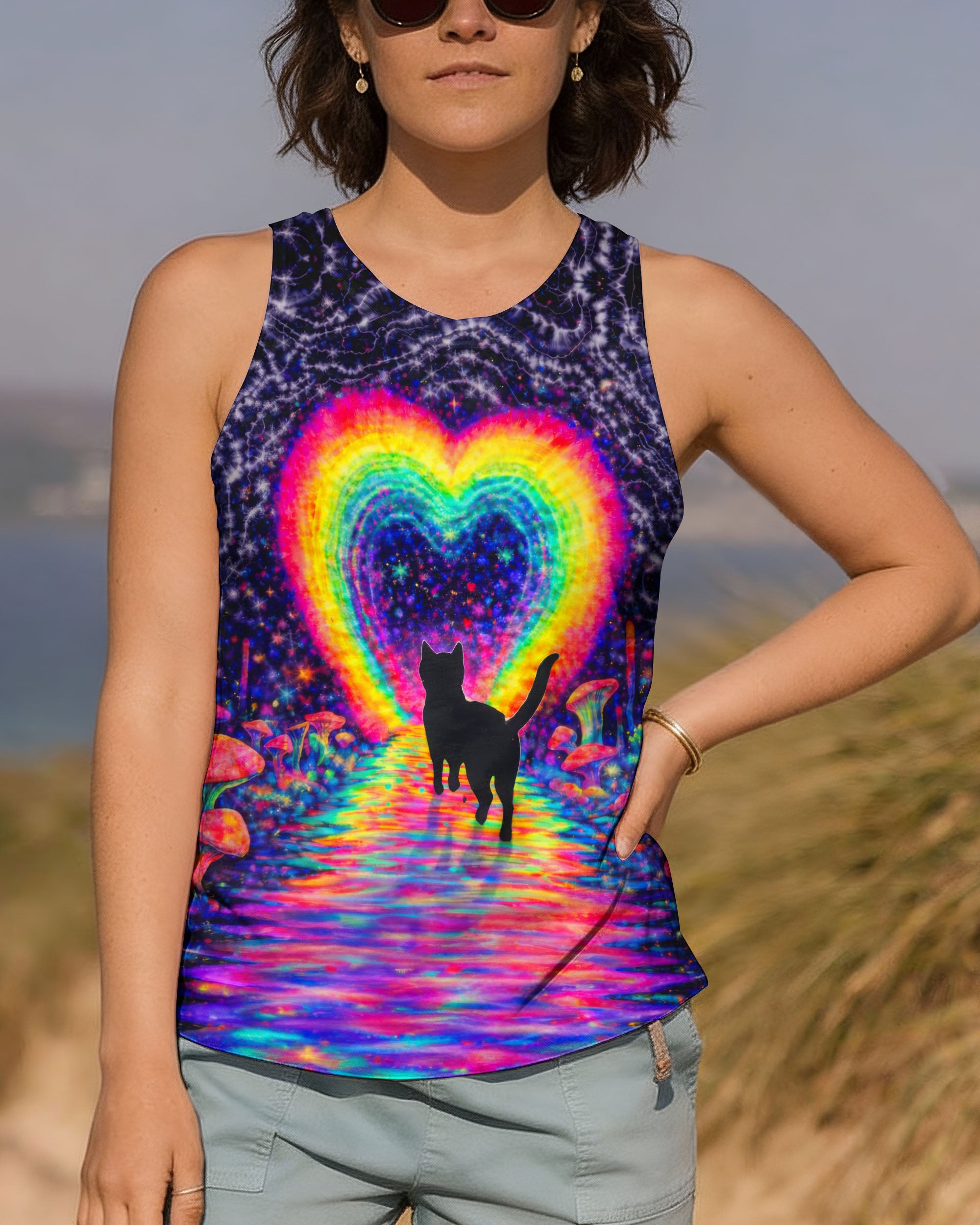 RAINBOW HEART BLACK CAT SWIRL ALL OVER PRINT - TLTW2801261