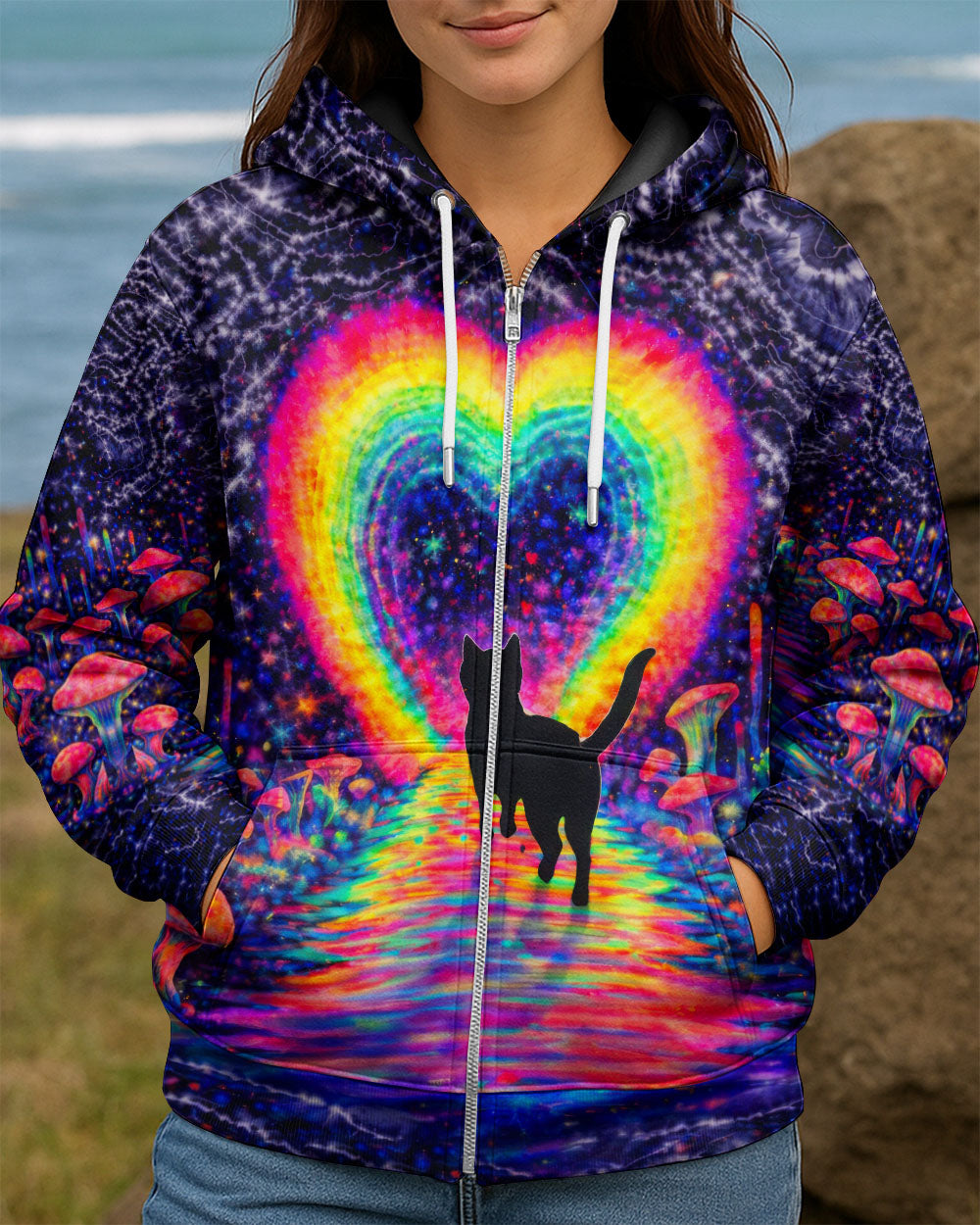 RAINBOW HEART BLACK CAT SWIRL ALL OVER PRINT - TLTW2801261