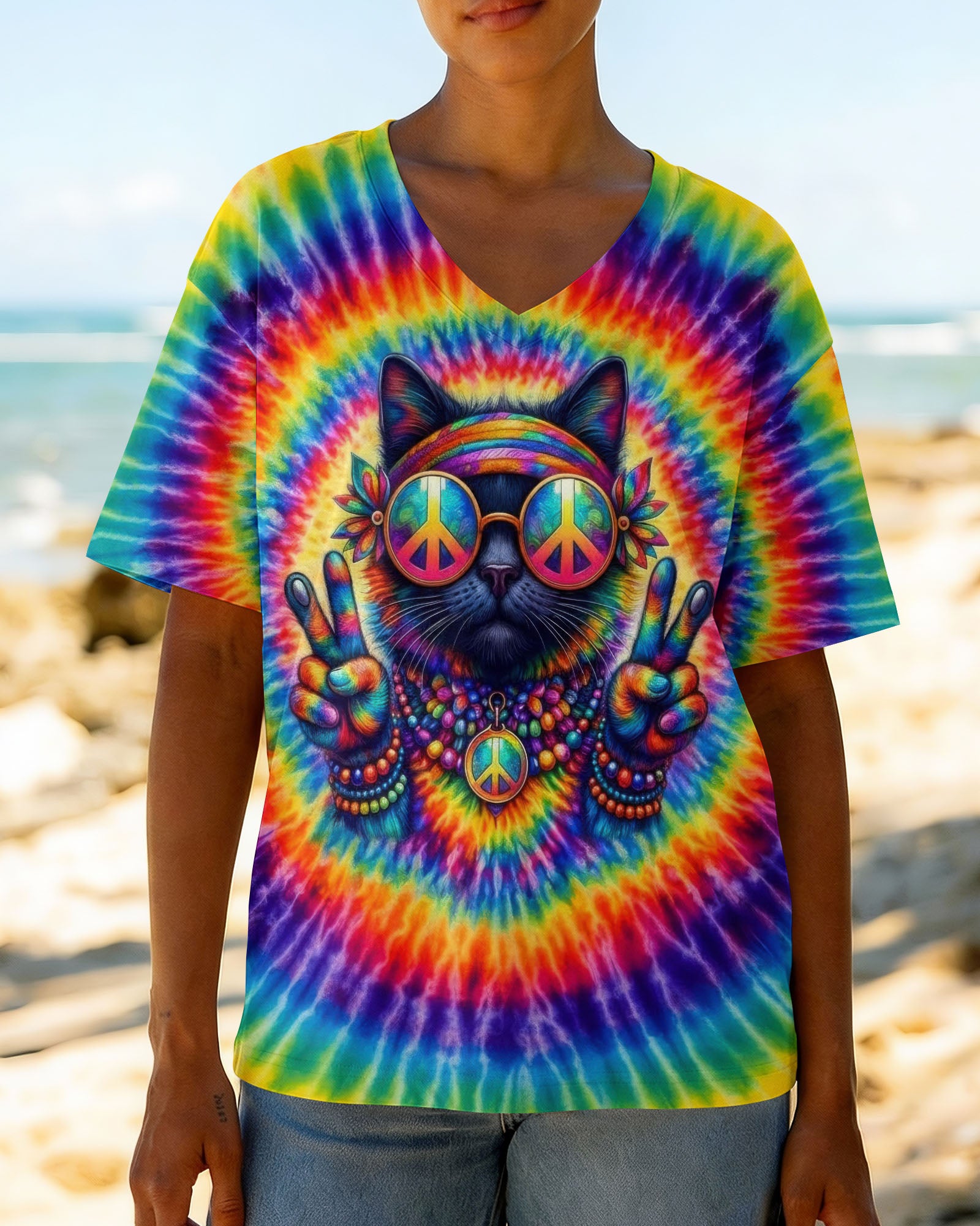 HIPPIE CAT COLORFUL SWIRL ALL OVER PRINT - TLTW3001261