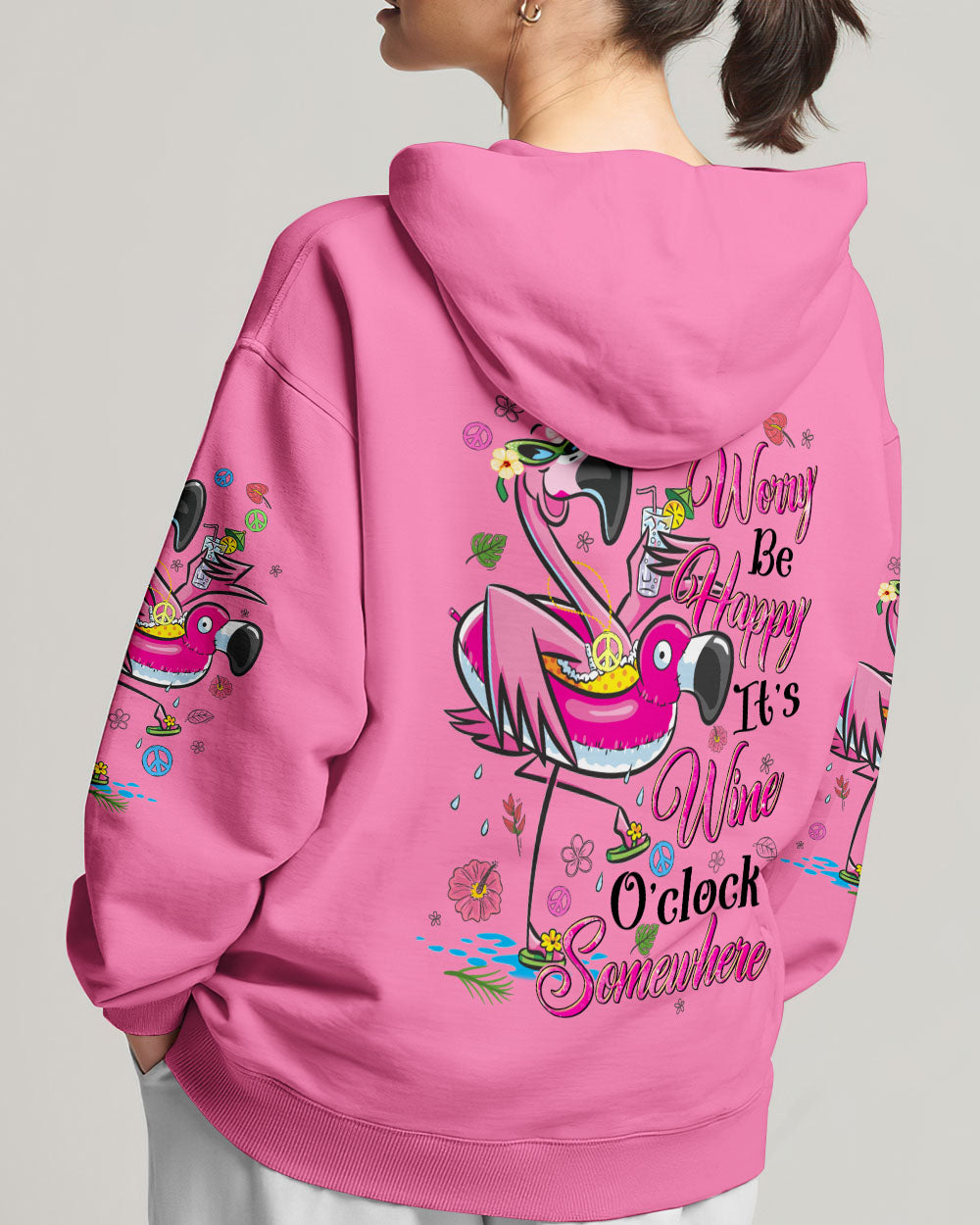 DON'T WORRY BE HAPPY IT'S WINE O'CLOCK SOMEWHERE FLAMINGO ALL OVER PRINT - TYQY1806245