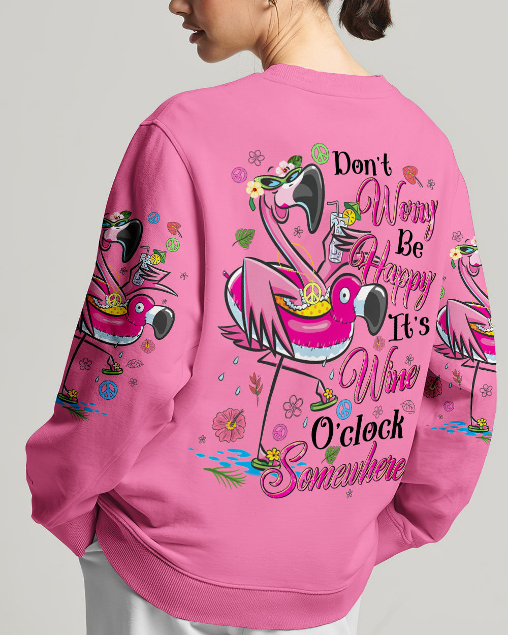 DON'T WORRY BE HAPPY IT'S WINE O'CLOCK SOMEWHERE FLAMINGO ALL OVER PRINT - TYQY1806245