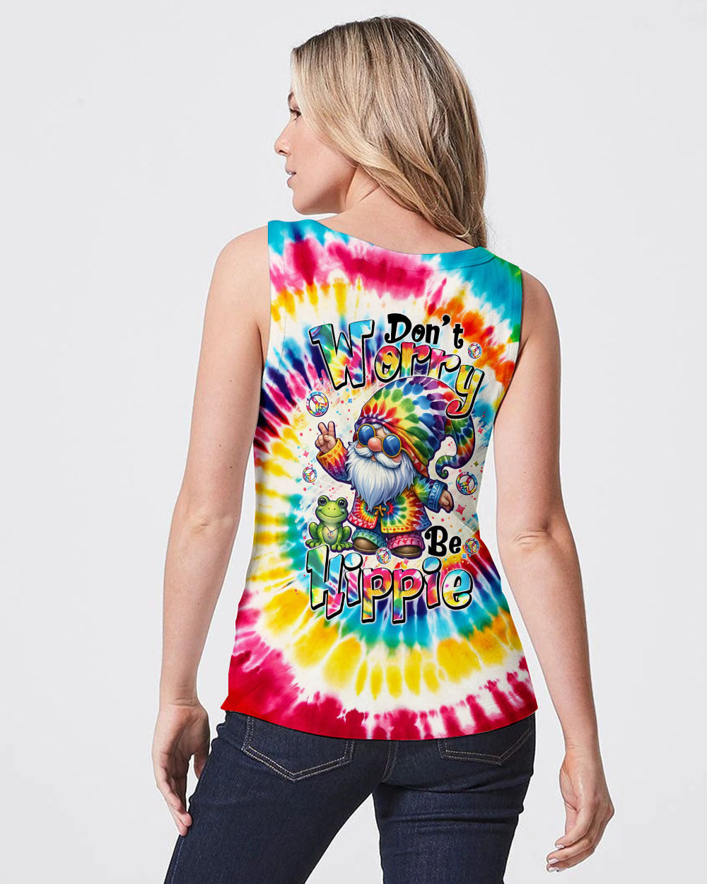 DON'T WORRY BE HIPPIE GNOME AND FROG TIE DYE ALL OVER PRINT - TYTM0606242