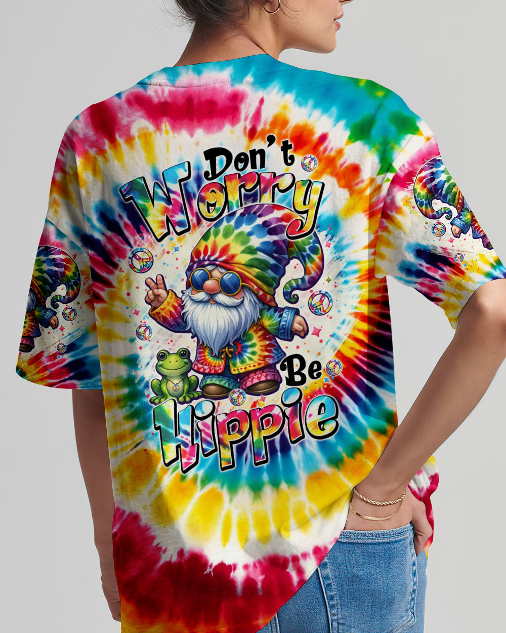 DON'T WORRY BE HIPPIE GNOME AND FROG TIE DYE ALL OVER PRINT - TYTM0606242