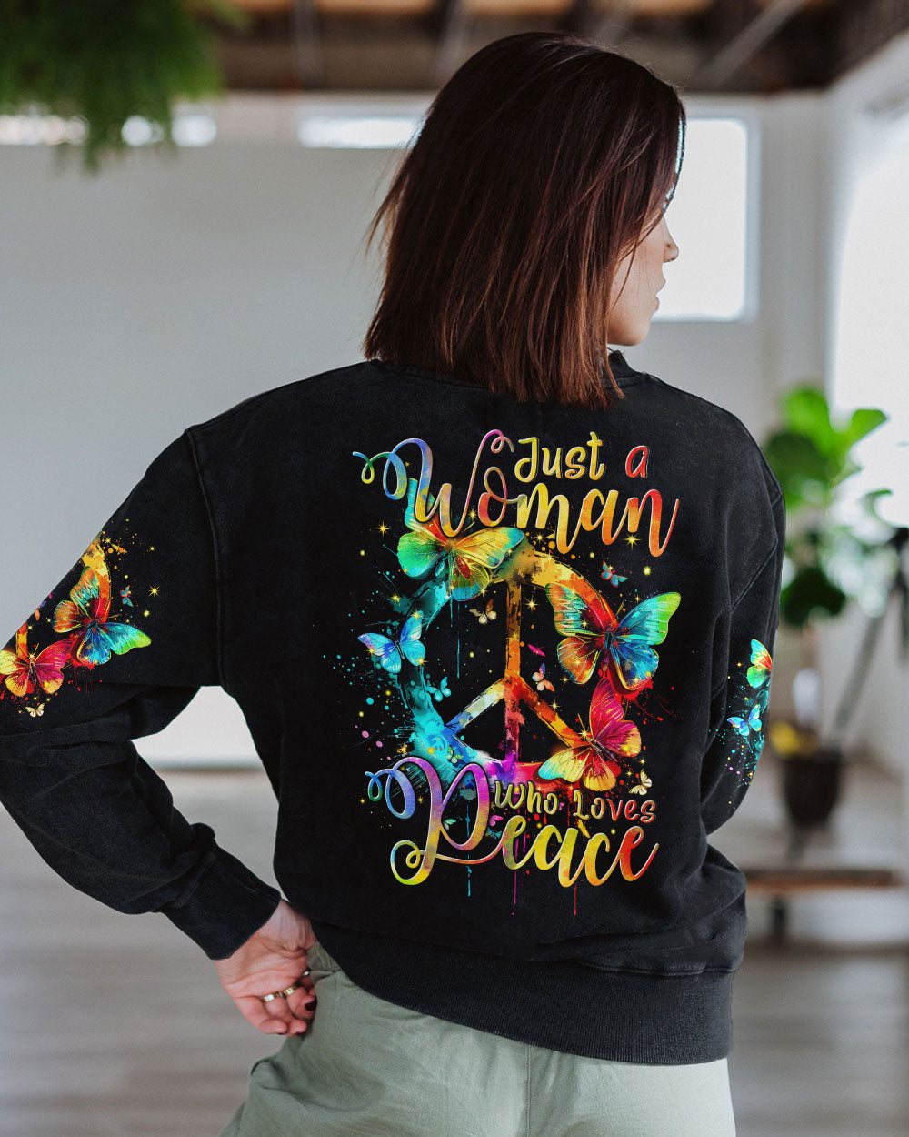 JUST A WOMAN WHO LOVES PEACE ALL OVER PRINT - TYTM1903241