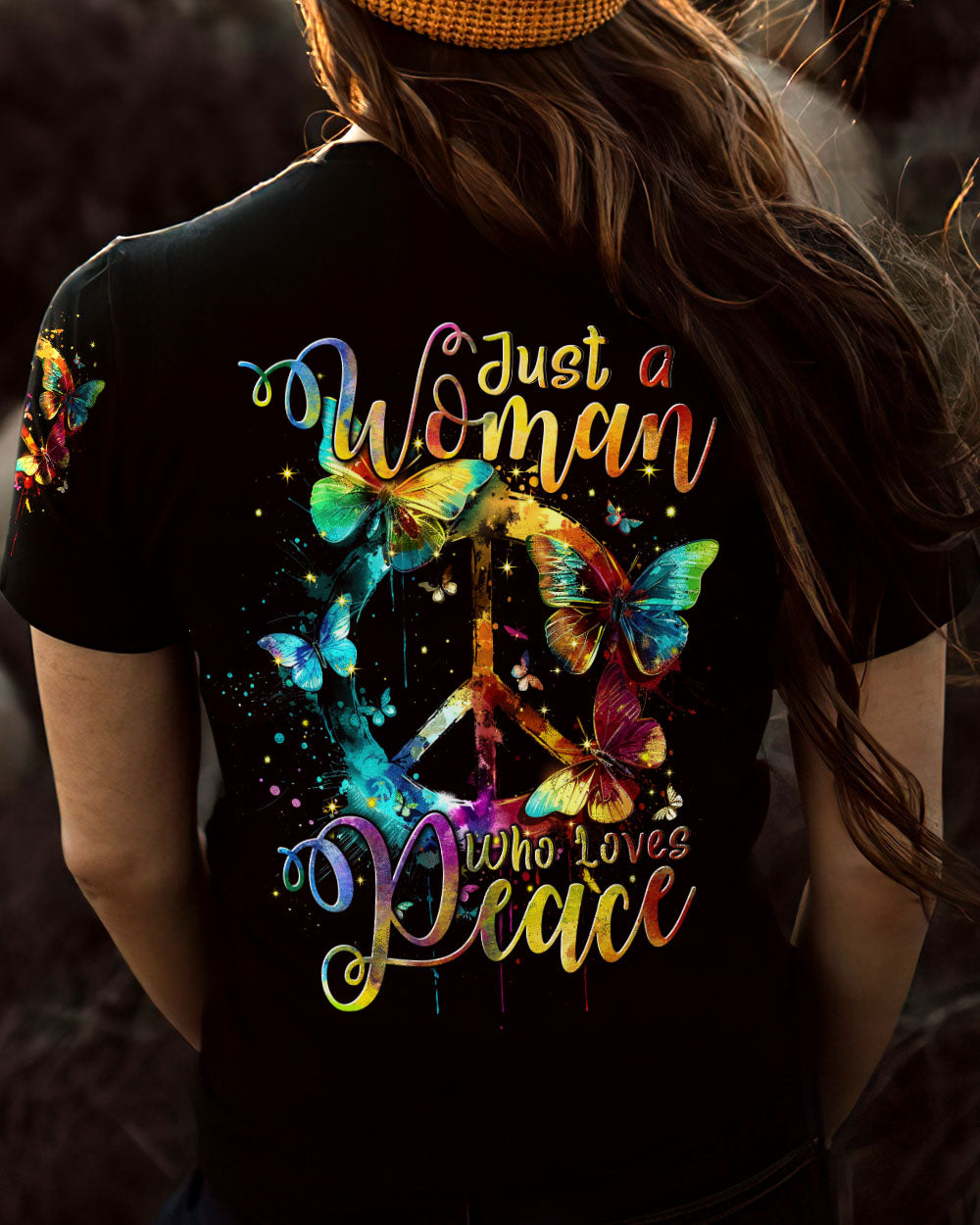 JUST A WOMAN WHO LOVES PEACE ALL OVER PRINT - TYTM1903241