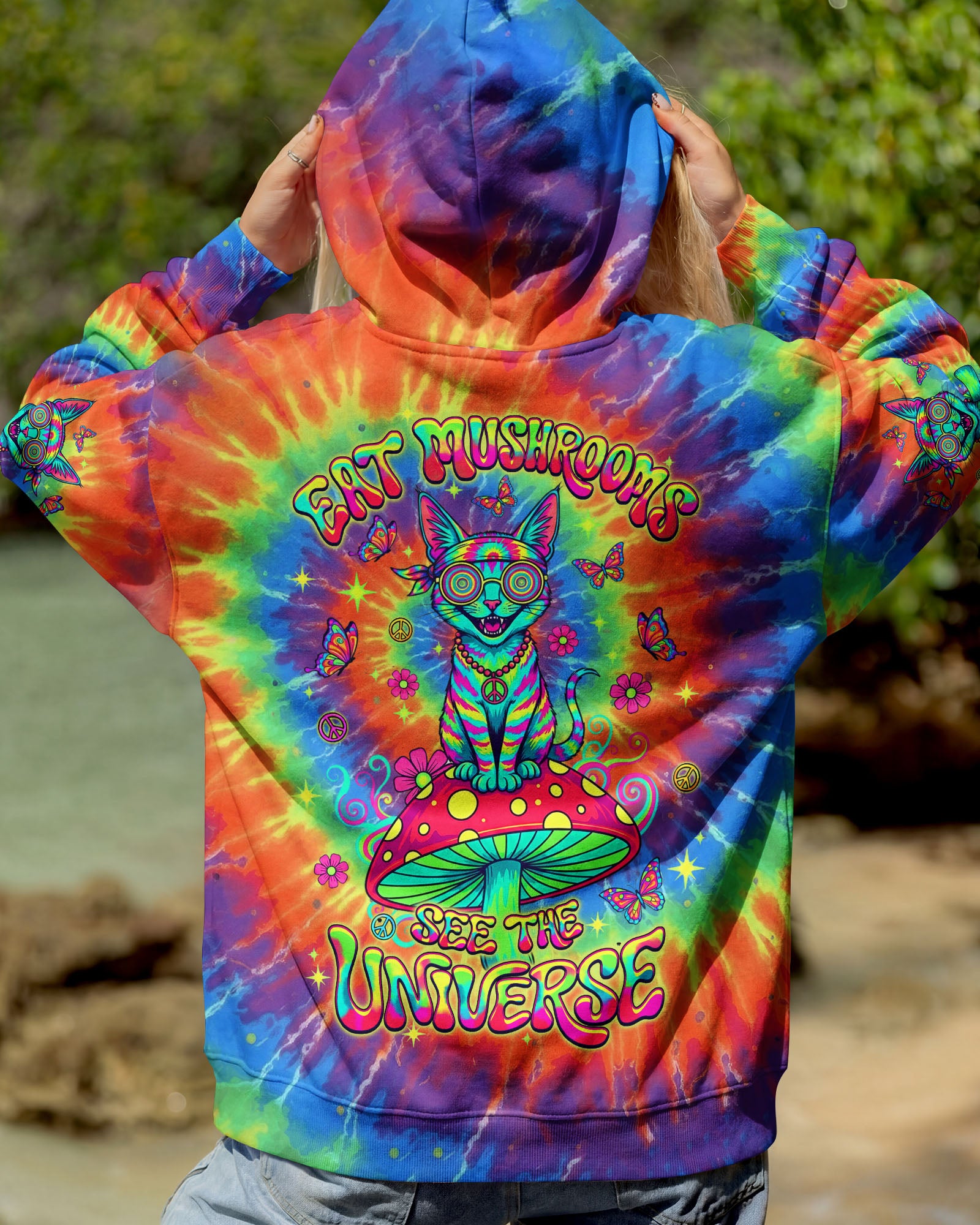EAT MUSHROOMS SEE THE UNIVERSE HIPPIE CAT ALL OVER PRINT - YHLT1002261