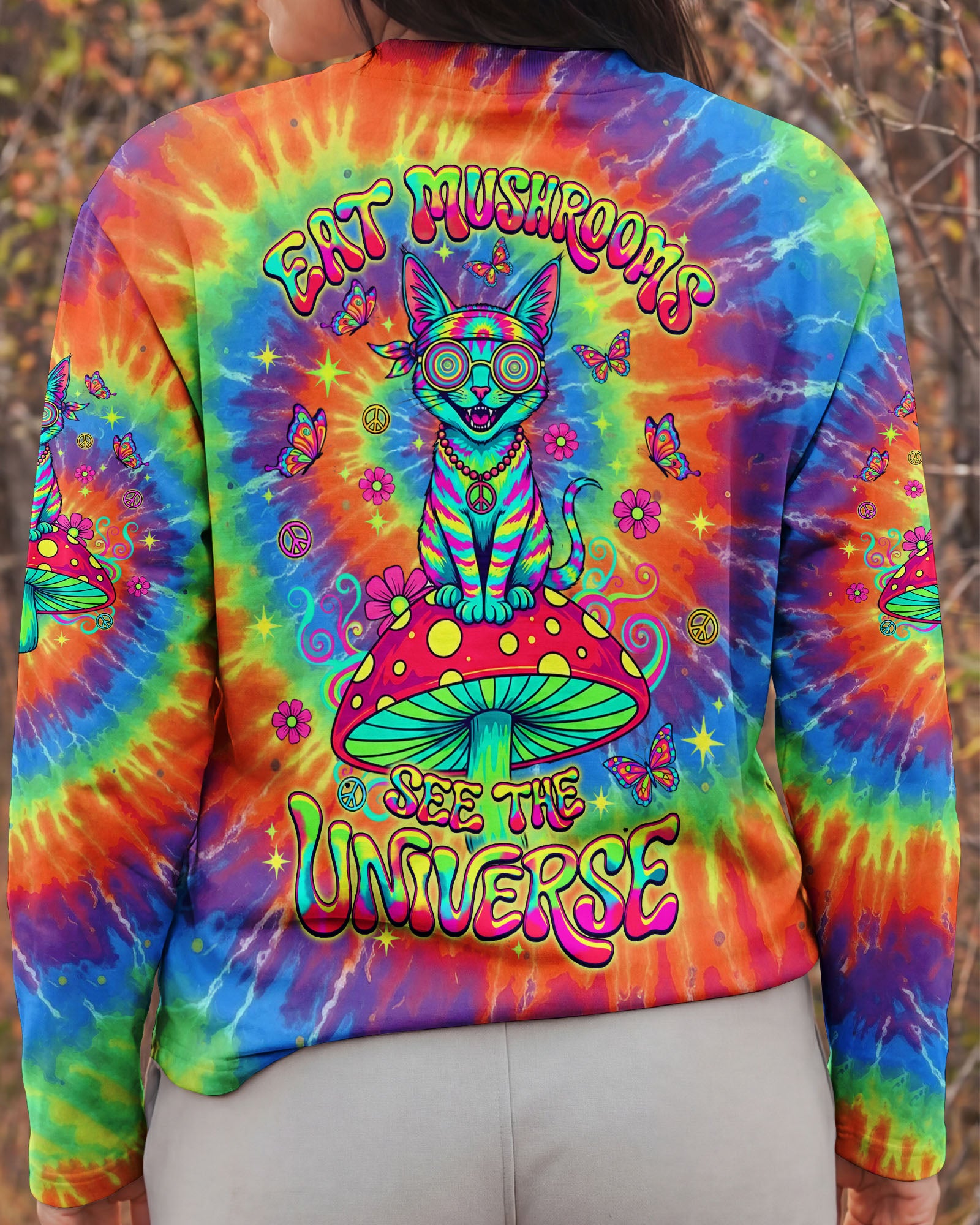EAT MUSHROOMS SEE THE UNIVERSE HIPPIE CAT ALL OVER PRINT - YHLT1002261