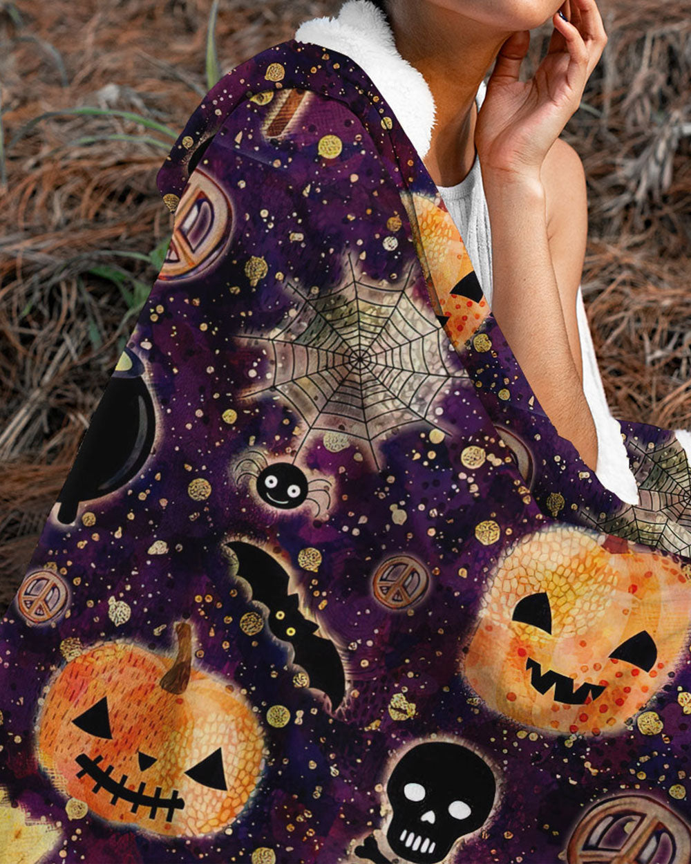 HALLOWEEN PATTERN SHERPA BLANKET HOODIE - TLNZ2408233