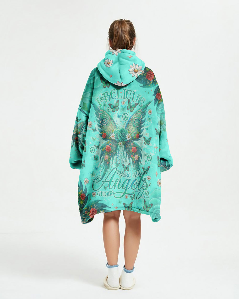 I BELIEVE THERE ARE ANGELS AMONG US WINGS SHERPA BLANKET HOODIE - TLNO1811241