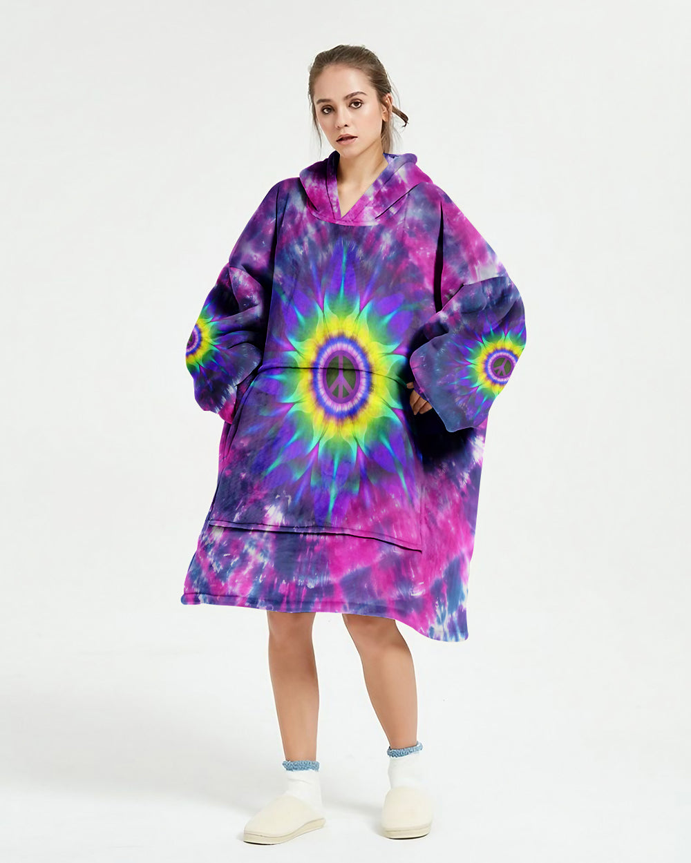 PEACE Y'ALL TIE DYE SHERPA BLANKET HOODIE - YHDU1311245