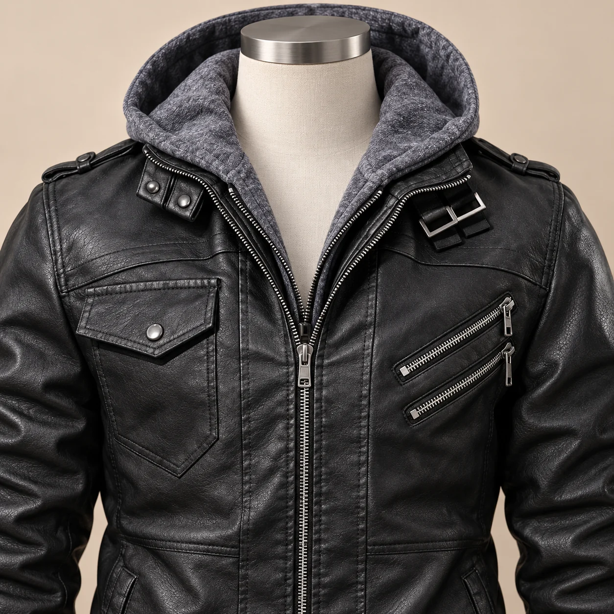 Styling visualization close-up of the black jacket hood, chest pockets and zippers