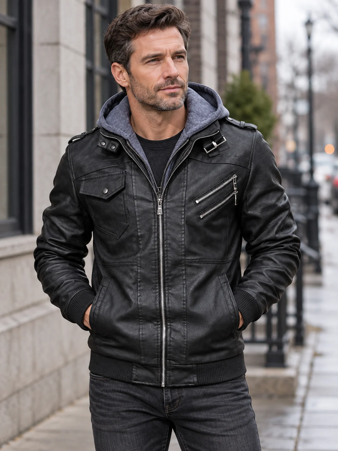 Styling visualization of the black hooded jacket worn with dark denim