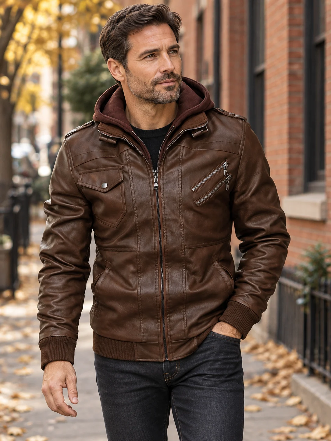 Styling visualization of the brown hooded jacket with dark denim