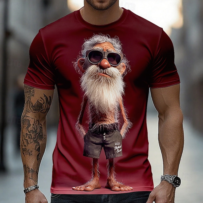Funny 3D Graphic Cool Old Man with White Beard & Sunglasses Men's Teal T-Shirt - Quirky Grandpa Caricature Design Short Sleeve Crew Neck Summer Beach Holiday Tee - Unique Father's Day Gift Apparel
