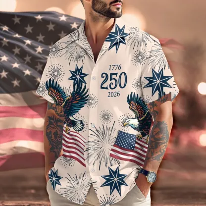 America 250 Hawaiian Shirt 1776-2026, USA 250th Anniversary Shirt, Patriotic Eagle Fireworks Shirt, Independence Day 2026 Outfit