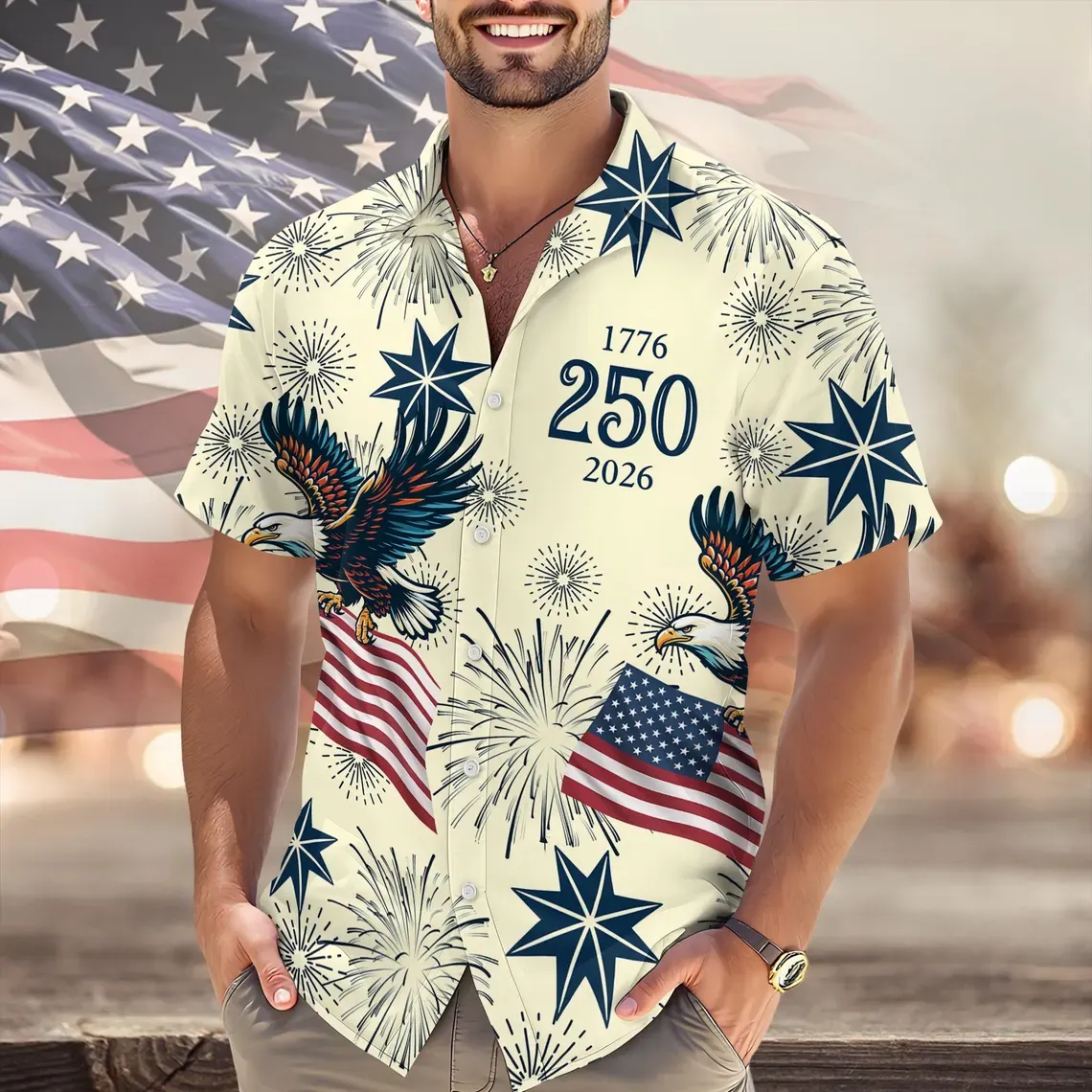 America 250 Hawaiian Shirt 1776-2026, USA 250th Anniversary Shirt, Patriotic Eagle Fireworks Shirt, Independence Day 2026 Outfit