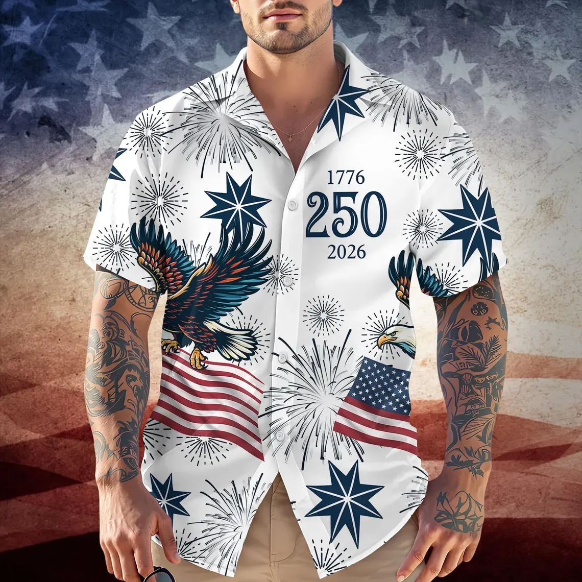 America 250 Hawaiian Shirt 1776-2026, USA 250th Anniversary Shirt, Patriotic Eagle Fireworks Shirt, Independence Day 2026 Outfit