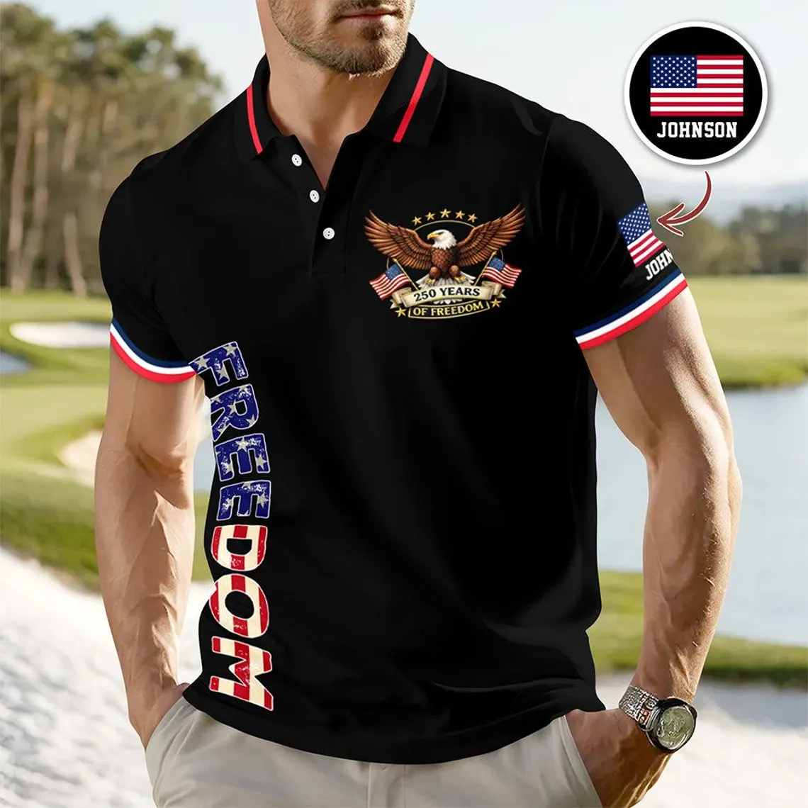 Custom USA 250th Anniversary Freedom Eagle Polo Shirt | Personalized Patriotic Golf Polo