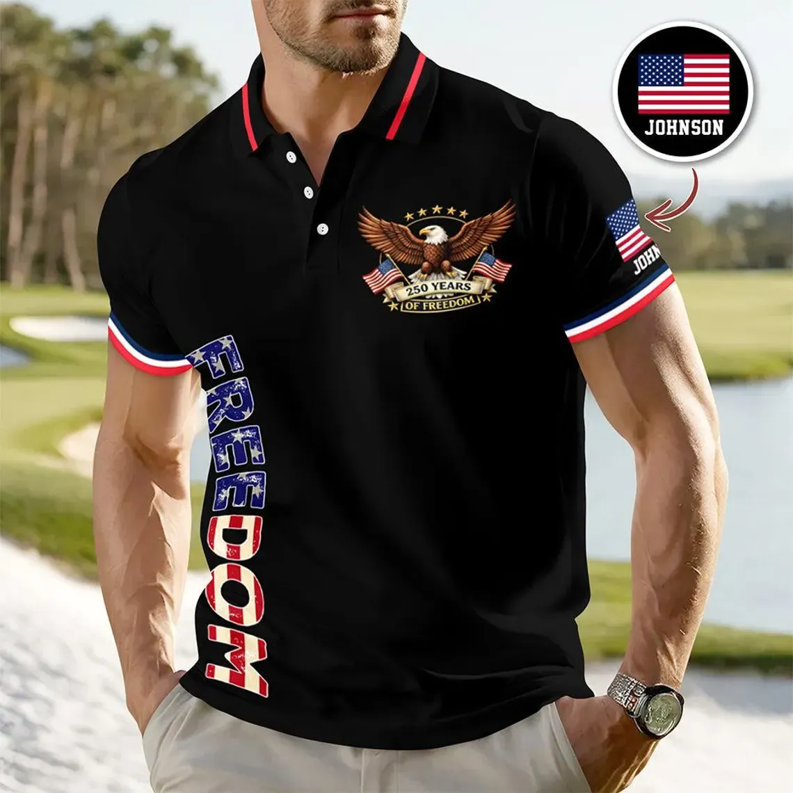 Custom USA 250th Anniversary Freedom Eagle Polo Shirt | Personalized Patriotic Golf Polo