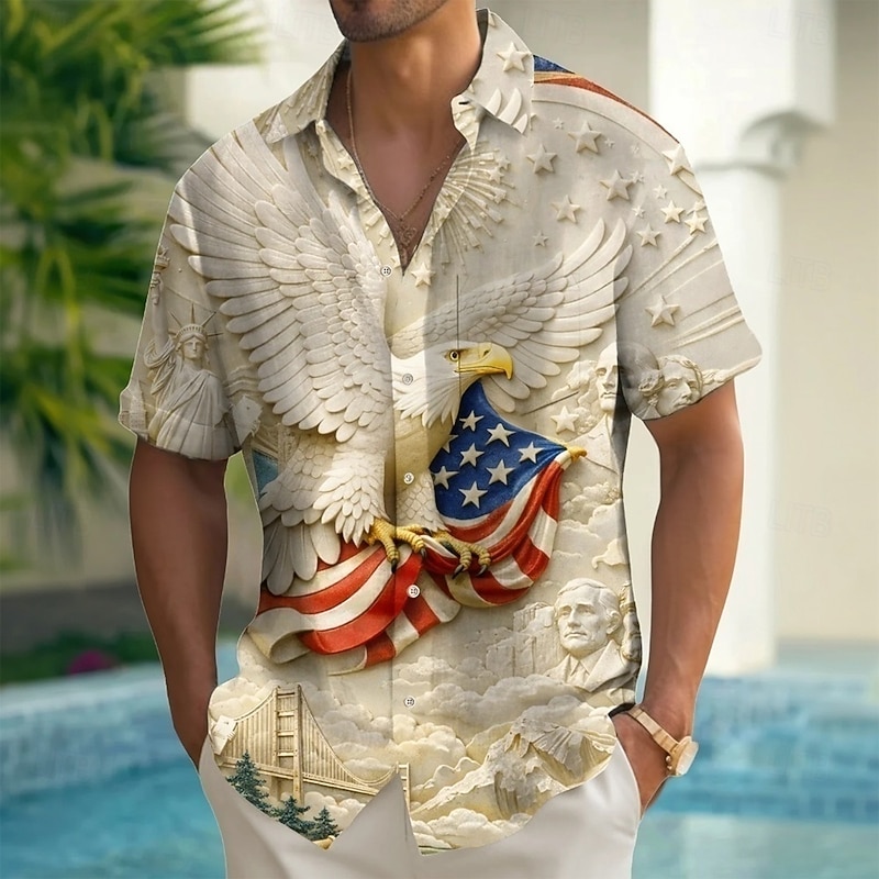 Men's Eagle US Flag America's 250th Anniversary Button Up Shirt Short Sleeve Patriotic Collared