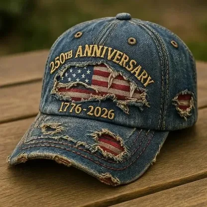 Men's USA 250th Anniversary Distressed Denim Baseball Cap | Embroidered US Flag Patriotic Trucker Hat