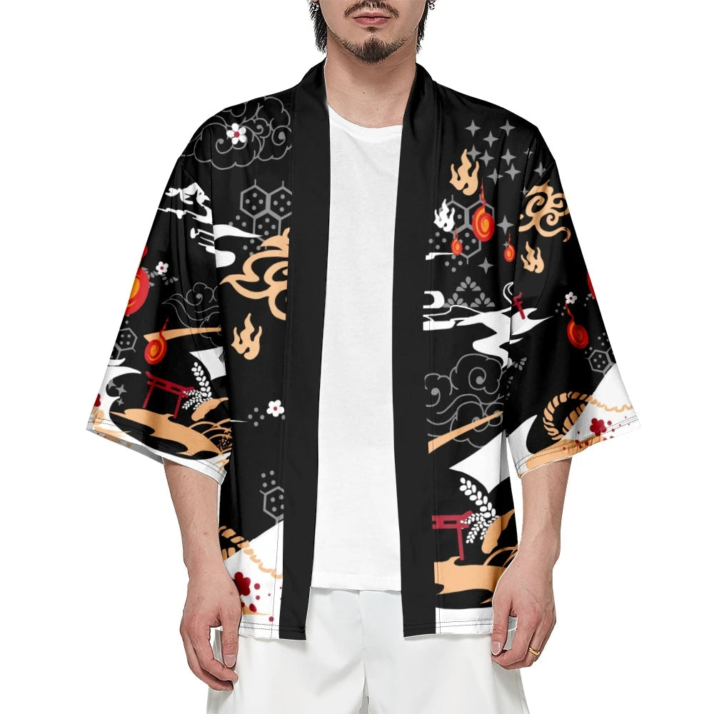 Anime White Fox Mask Pattern Unisex Kimono