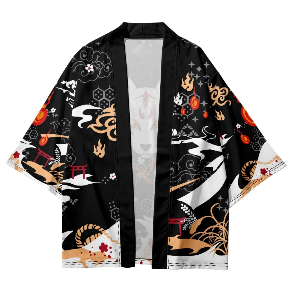 Anime White Fox Mask Pattern Unisex Kimono