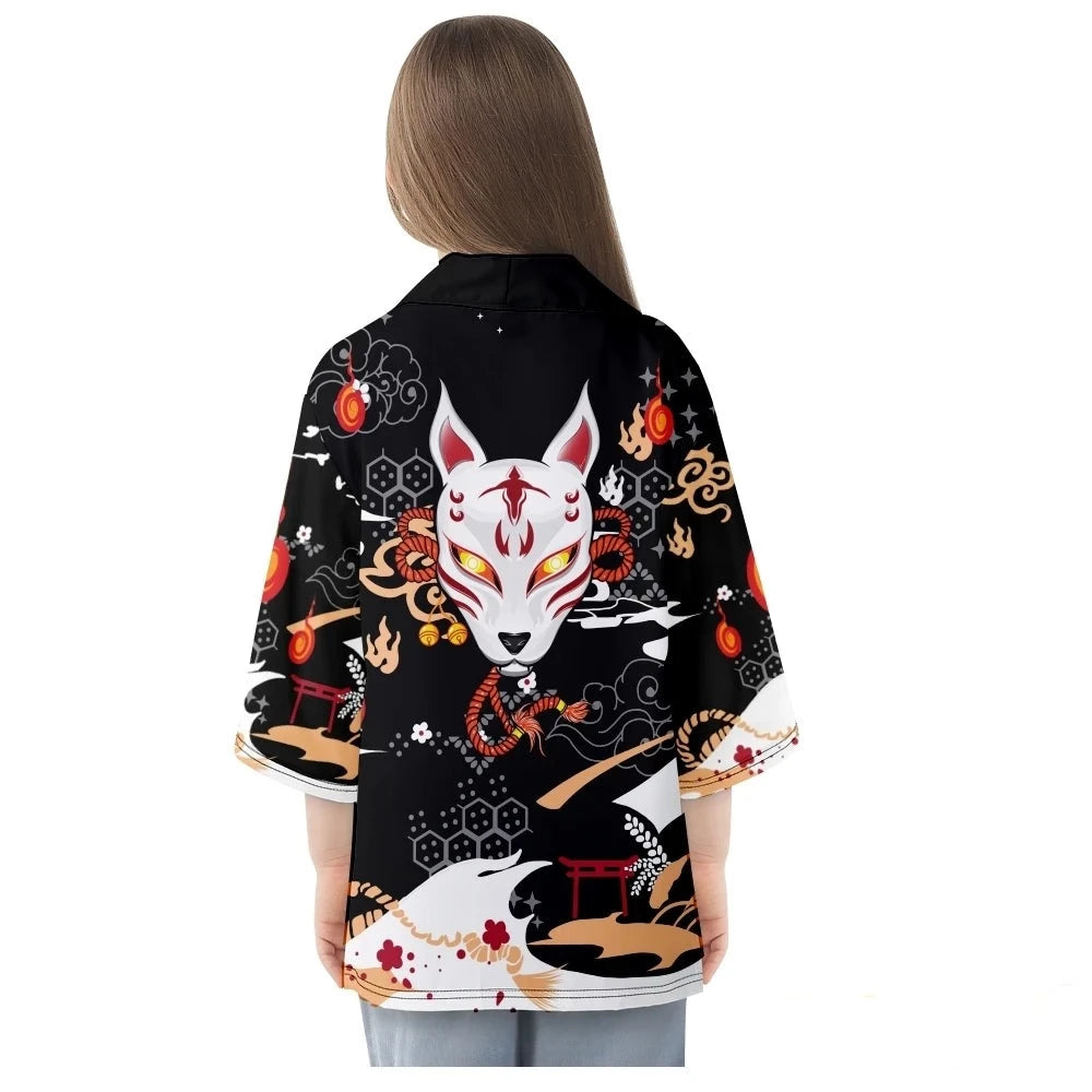 Anime White Fox Mask Pattern Unisex Kimono