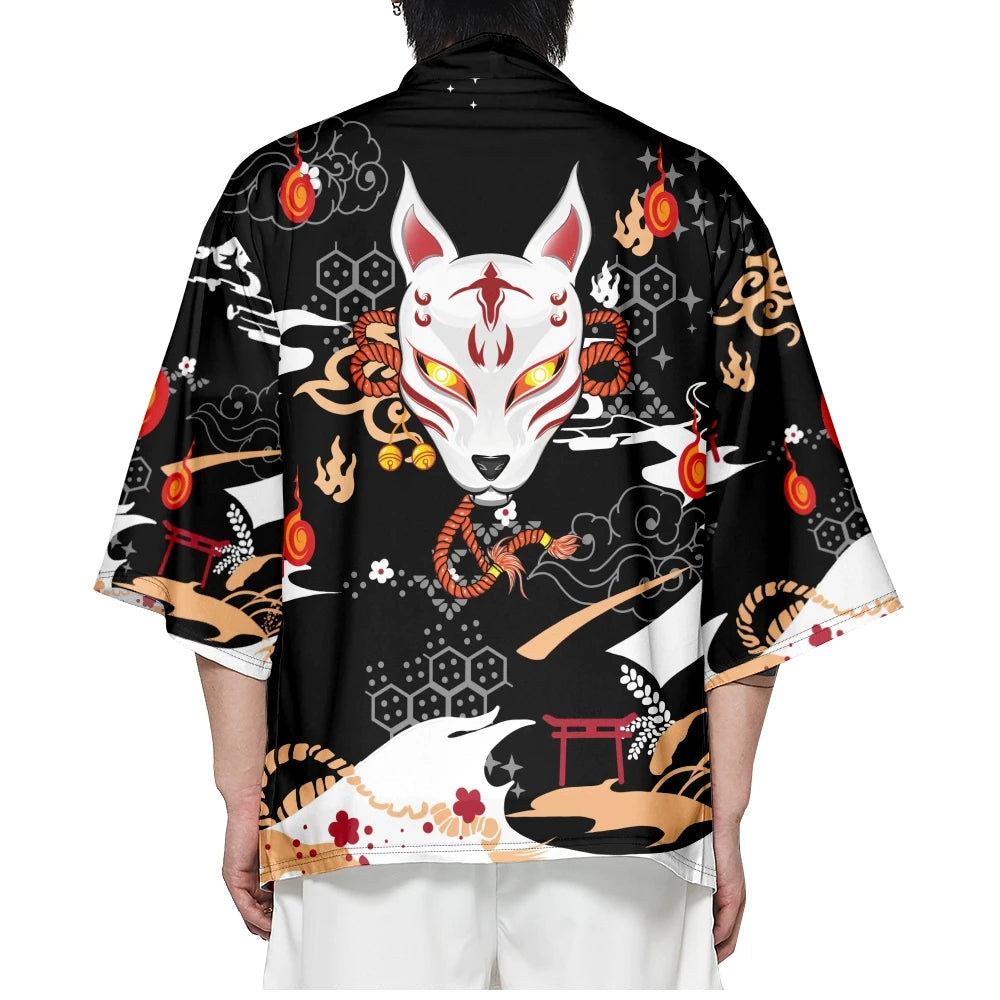 Anime White Fox Mask Pattern Unisex Kimono