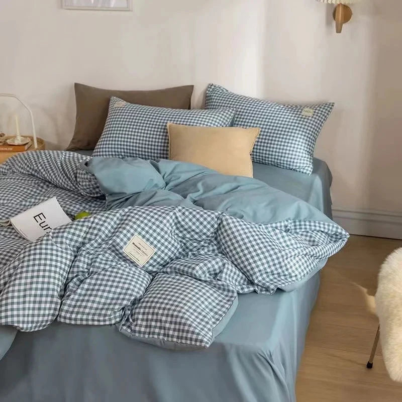 Brown Blue Mustard Mini Checked Bedding Set
