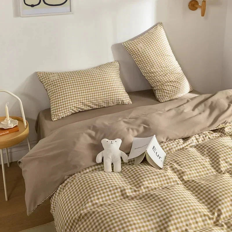 Brown Blue Mustard Mini Checked Bedding Set